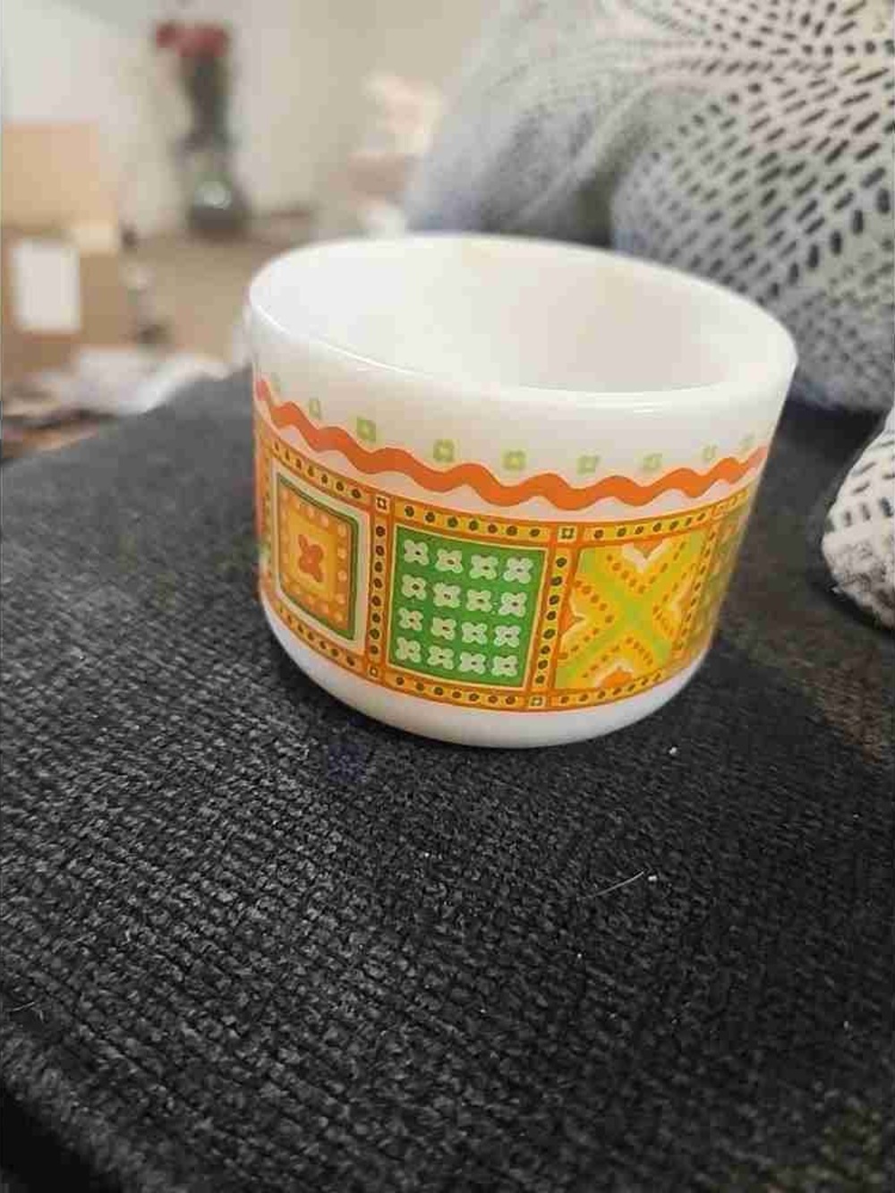 Decorative White Glass Planter with Orange and Green Pattern